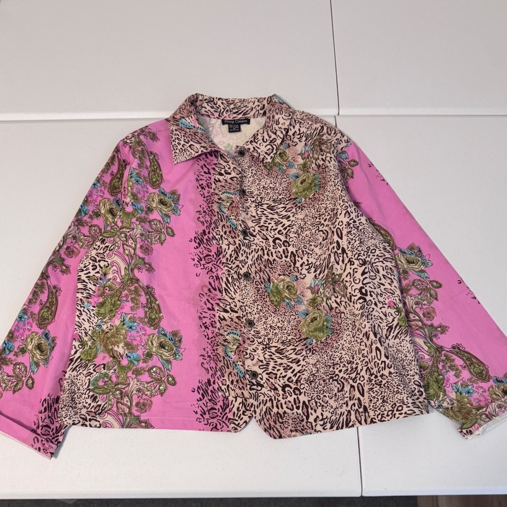 Gaudy Couture Pink Leopard Floral Sequin Cotton Button Jacket Shirt 1X Y2K i3